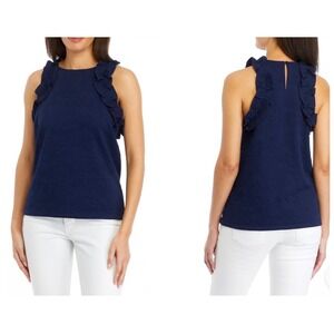 Crown & Ivy Navy Blue Ruffle Sleeveless Jacquard Floral Top Womens Medium